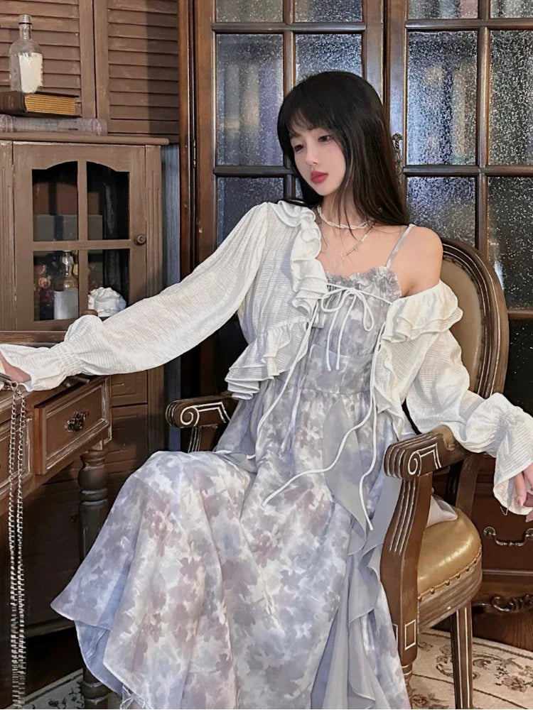 nvxiot Ruffles Elegant Vintage Two Piece Set Women Print Korean Fashion Midi Dress Suit Female Causal Cardigan + Sweet Strap Dress 2024