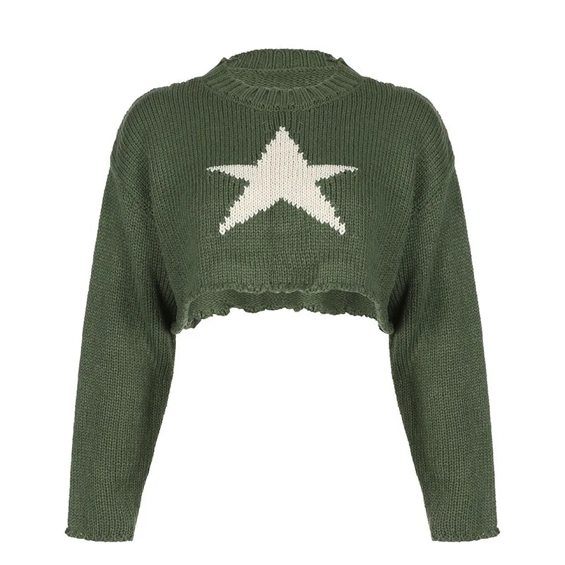 nvxiot - Star Print Autumn O-Neck Knitted Sweater Vintage Solid Basic Casual Slim Short Pullover Korean Fashion Simple Chic Jumpers Tops