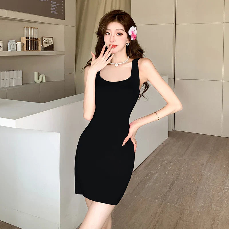 MQTIME  -  2024 Summer New Pure Desire Slim Fit Waist Hip Ratio Knitted Tank Top with Hanging Strap Wrap Hip Dress Pink Short Skirt Women's