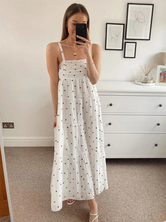 nvxiot Summer Dress Women Tiered Hem Embroidery Casual Midi Dress Straight Neckline Sleeveless Spaghetti Strap Cotton White Dress