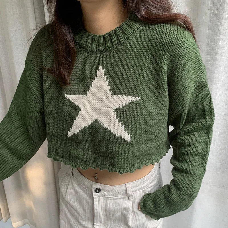 nvxiot - Star Print Autumn O-Neck Knitted Sweater Vintage Solid Basic Casual Slim Short Pullover Korean Fashion Simple Chic Jumpers Tops