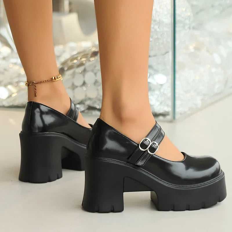 nvxiot  -  High Heels Chunky Mary Jane Shoes for Women 2024 Vintage Buckle Strap Platform Pumps Woman Pu Leather Thick Heeled Lolita Shoes