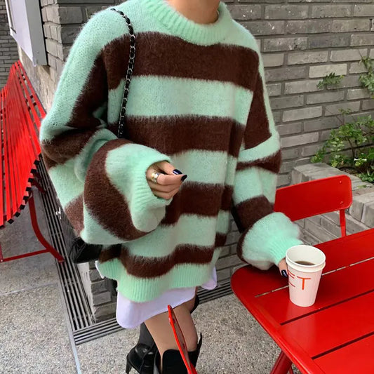 nvxiot Women's Clothing Korean Stripe Knitting Sweater Round Neck  Long Sleeves Vintage Casual Fashion Baggy Ladies Tops Autumn