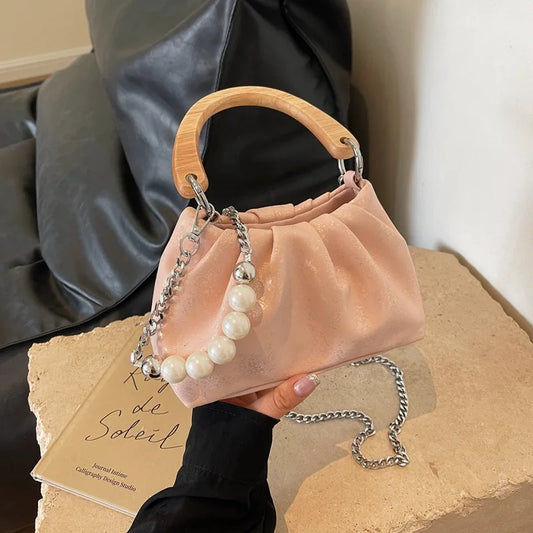 MQTIME  -   Classic Solid Cloud Bags 2024 New Fashion Pu Small Handbags Pearl Chain Underarm Shoulder Bag For Women Daily Trendy Handbag