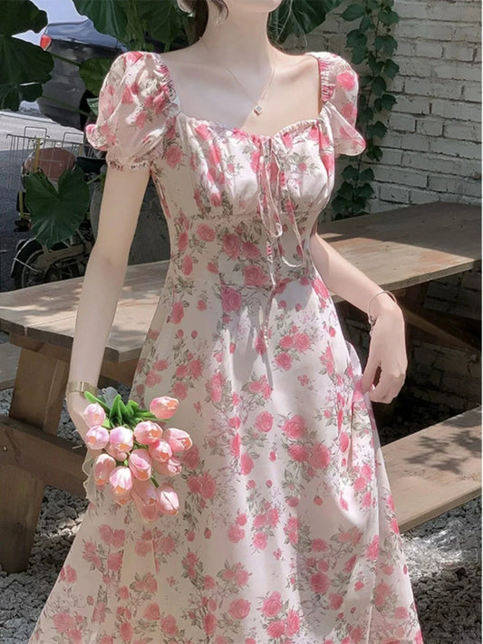 nvxiot  -  French Hepburn style square neckline floral long dress 2024 spring/summer new sweet and versatile bubble short sleeved dress