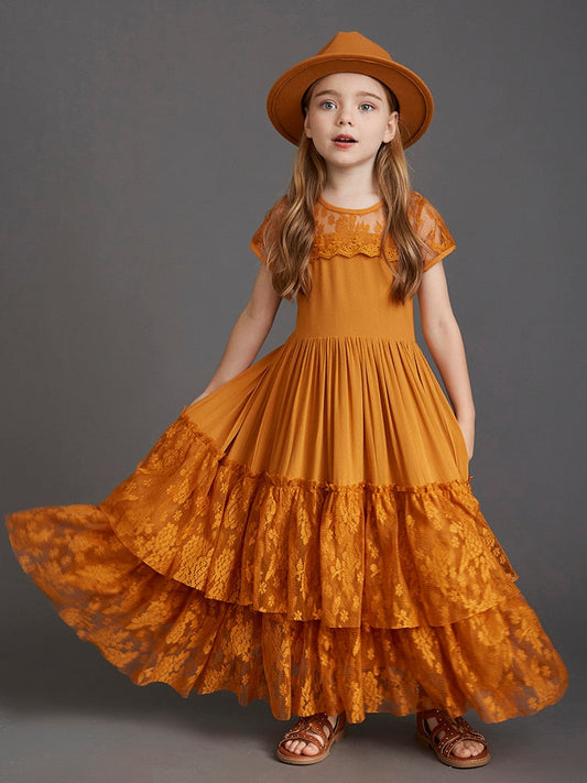 nvxiot New Princess Girls Short Sleeve Lace Long Floor Dresses Baby Kids Flower Wedding Christmas Party Vestidos Children Clothing