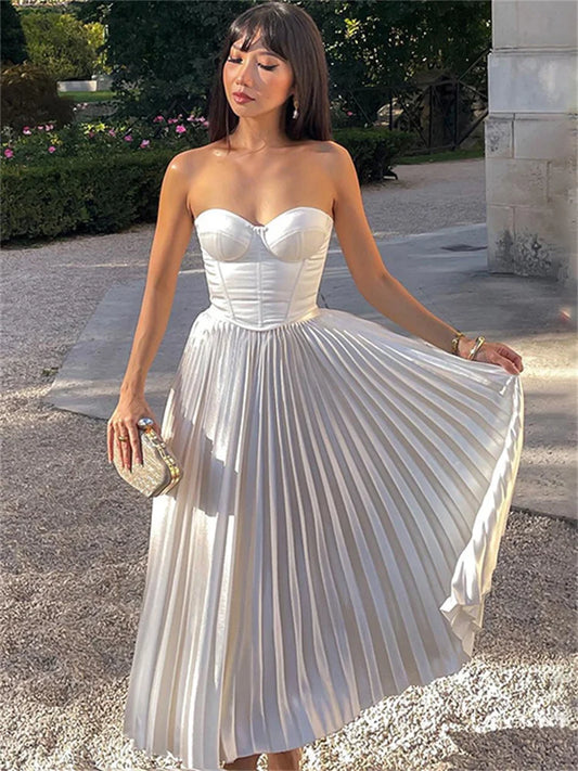 nvxiot White Bandage Off-Shoulder Maxi Dress For Women Pleated Elegant Backless Lace-Up High Waist Dress Women's Party Dress 2024