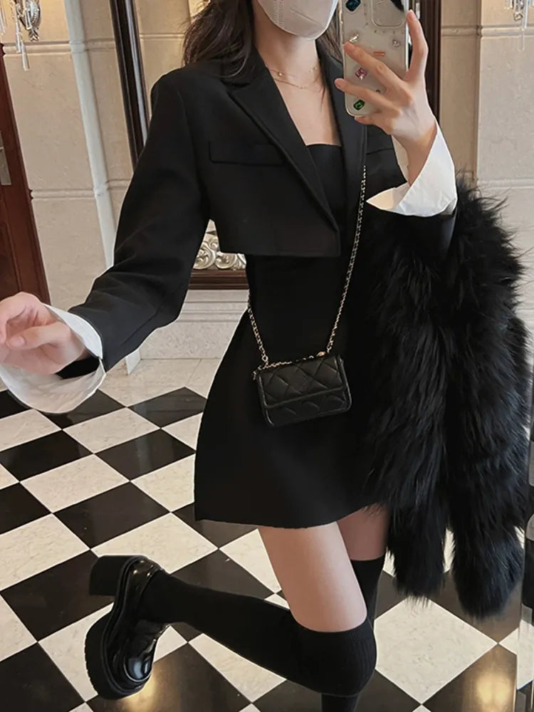 nvxiot-Winter Black Two Piece Dress Set Women Blazer Coat+Strap Dress Set Female Casual Korean Fashion Slim Elegant Dress Suit 2024 New