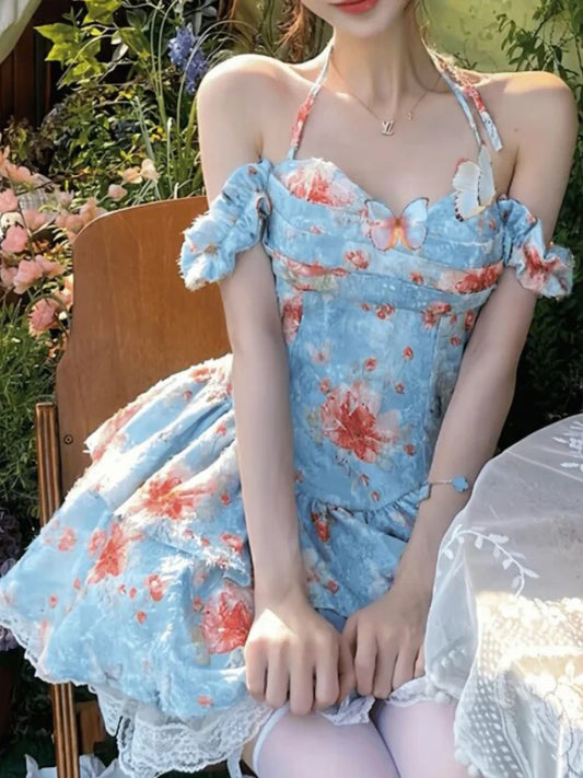 nvxiot Summer Sweet Slim Print Dress Women Kawaii Cute Ruffle Strappy Off Shoulder Clothes Female Temperament Fashion Princess Dress