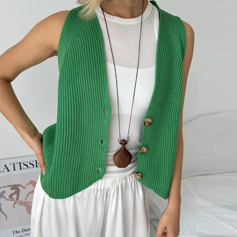 MQTIME  - Casual Knitted Sleeveless Vests Women Solid Colorful Singled-Breasted Sweater Female Autumn Chic Loose Soft Tops All-matching