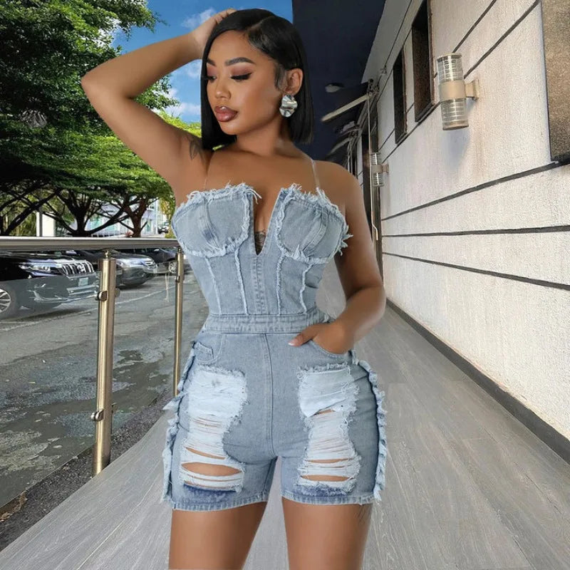 nvxiot  - Women Fashion Hole Tassel Denim Playsuits Rompers V-neck Strapless Zipper Backless Pockets Casual Streetwear Jeans Overalls