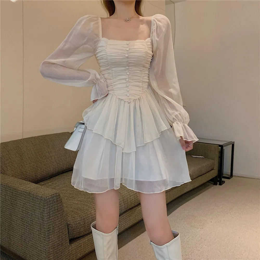 MQTIME  -  Casual Women Square Collar Front Ruched Chiffon Dress Female Mini Ruffles Retro Dress  y2k long sleeve dress vestidos24.5.27