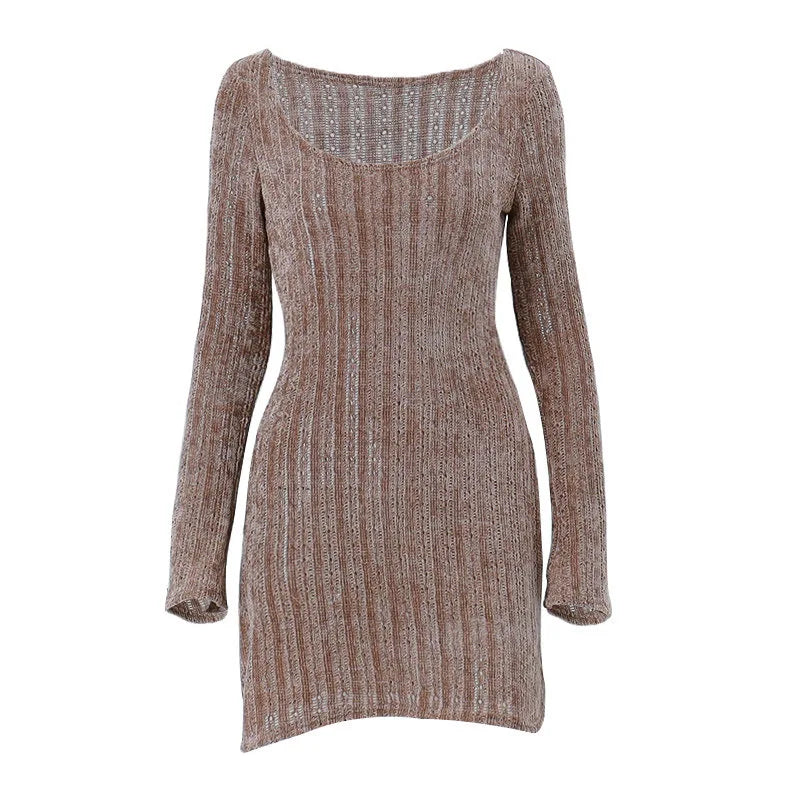 nvxiot O Neck Knitted Dress for Women Elegant Vintage New Long Sleeve Solid Mini Dresses Female Chic Fashion Hollow Out A-Line Vestidos