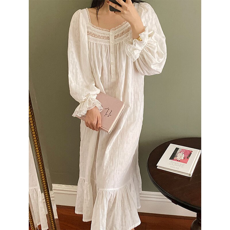 nvxiot Kawaii Women's Nightdress Long Sleeve Summer Spring Ladies Homewear Lace Square Collar Korean Style Nightwear For Female