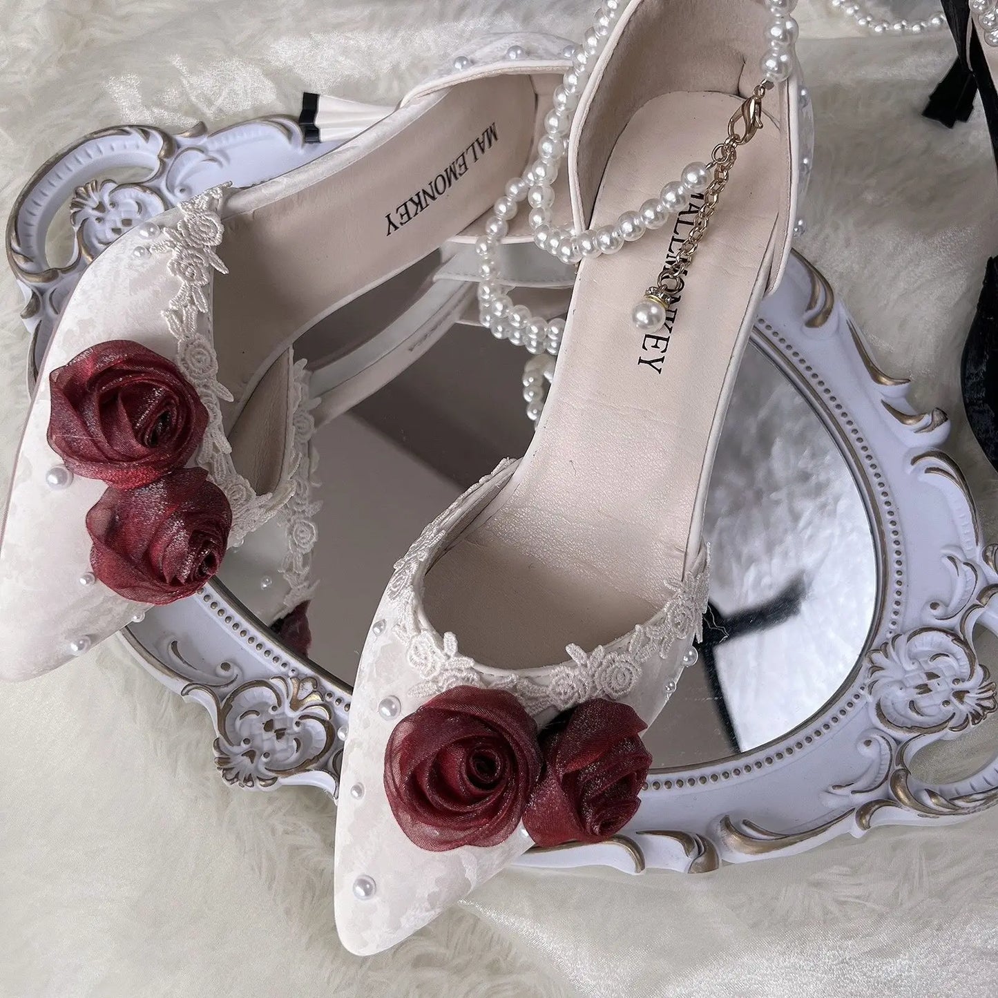 MQTIME  -  Red Flower Black Heels Luxury Lolita Style Shoes Pearl Shoes Elegant Women Party Shoes High Heel Sandals Pointed Toe Shoes