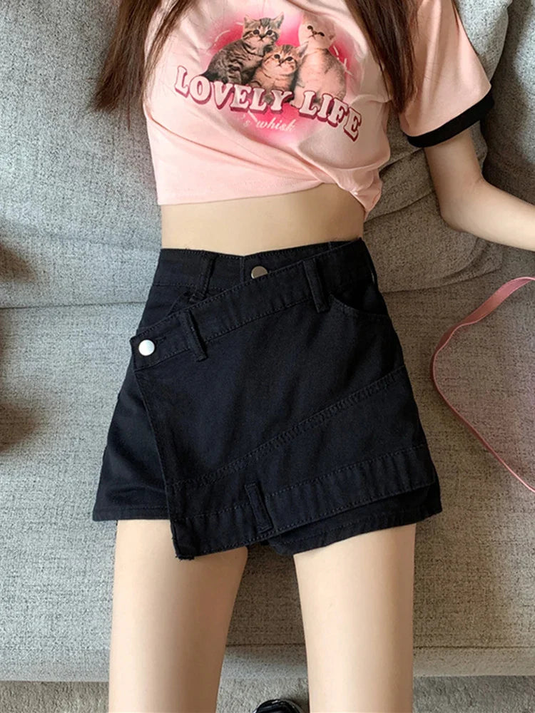 nvxiot Women's Clothing Vintage Irregular Army Green Denim Shorts Summer Streetwear Fashion High Waist A-Line Button Slim Pants Female