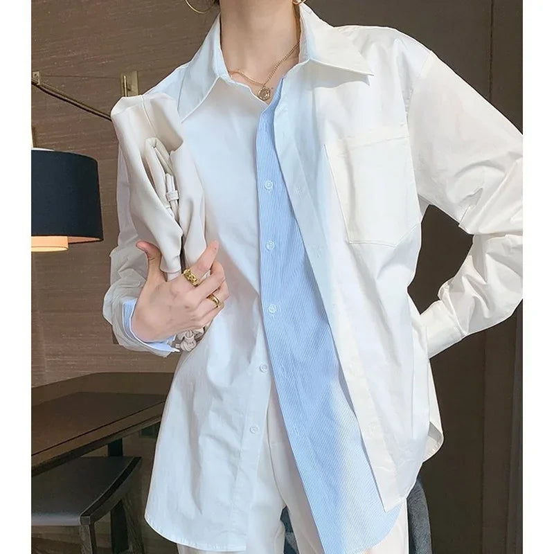 MQTIME  -  Women Plus Size Vintage Casual Long Sleeve T-Shirt 2024 New Fake 2 Pics Patchwork Stripe Spring Tops White Blue Solid Streetwear