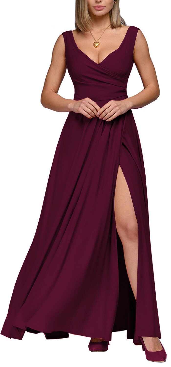 nvxiot Women Summer Elegant Long Party Dress Solid Color V-neck Zipper Split Fashion Evening Maxi Dress 2023