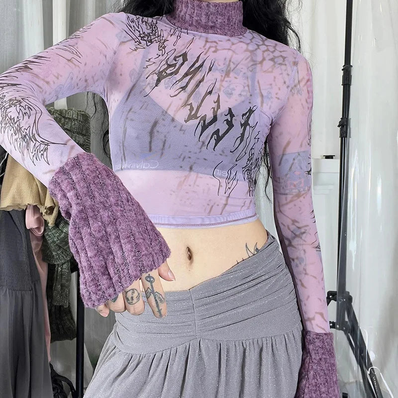 nvxiot  -  Fashion  Pattern Printed Mesh Top Women Stand Collar Long Sleeves Lilac Short Cropped T-shirt Ins Chic Female Celebrity OOTD