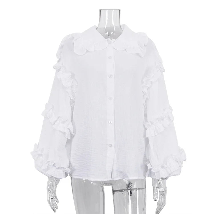 nvxiot  -  Spring Casual Ruffle Doll Collar Shirts Loose Puff Sleeve Single Breasted Blouses 2024 Fashion Long Sleeved Lady Cardigan