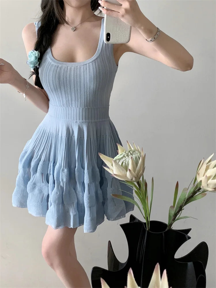 nvxiot  -  Summer Slim Knitted Dress for Women 2024 New Korean Style Trendy Pure Color Flare Cake Dress Sweet and Sexy Short Tank Dress