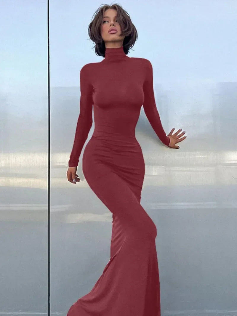 nvxiot Fashion Turtleneck Long Sleeve Slim Fit Long Dresses for Women 2024 Elegant Female High Waist Bodycon Solid Office Work Dress