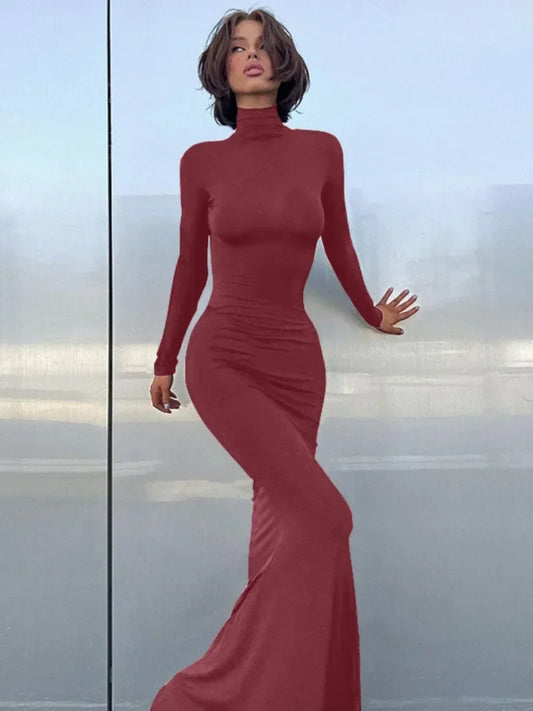 nvxiot Fashion Turtleneck Long Sleeve Slim Fit Long Dresses for Women 2024 Elegant Female High Waist Bodycon Solid Office Work Dress