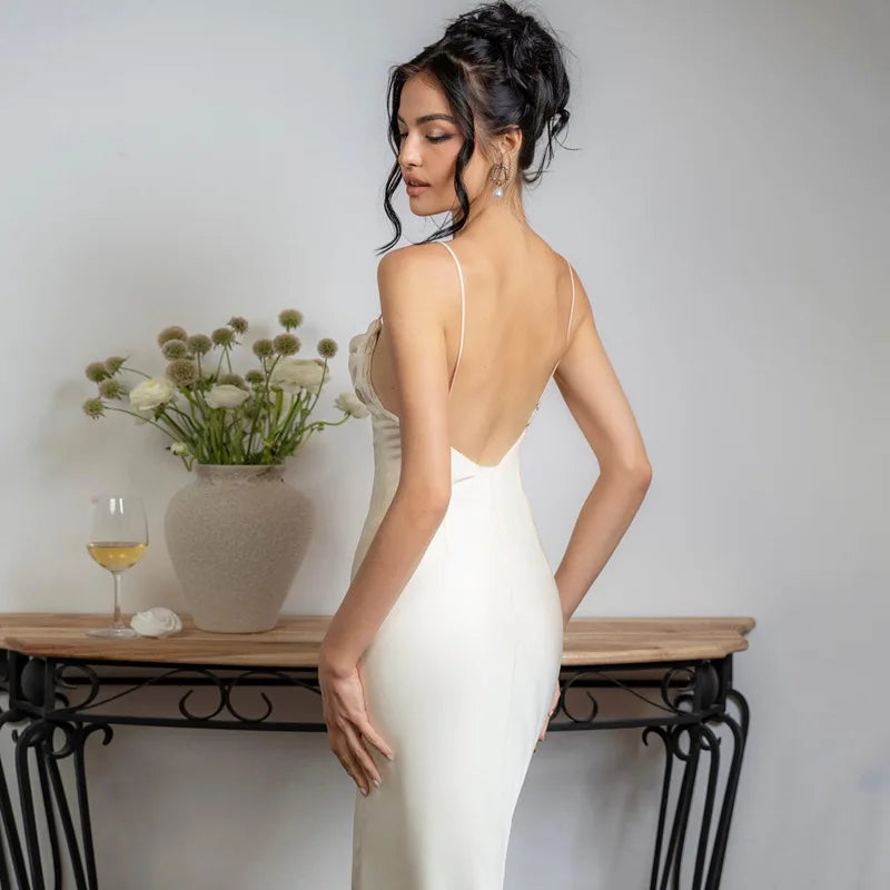 nvxiot-Elegant White Satin Long Dress for Women Sexy Spaghetti Straps Backless Dress 2024 Fashion V-neck Holidays Party Dresses