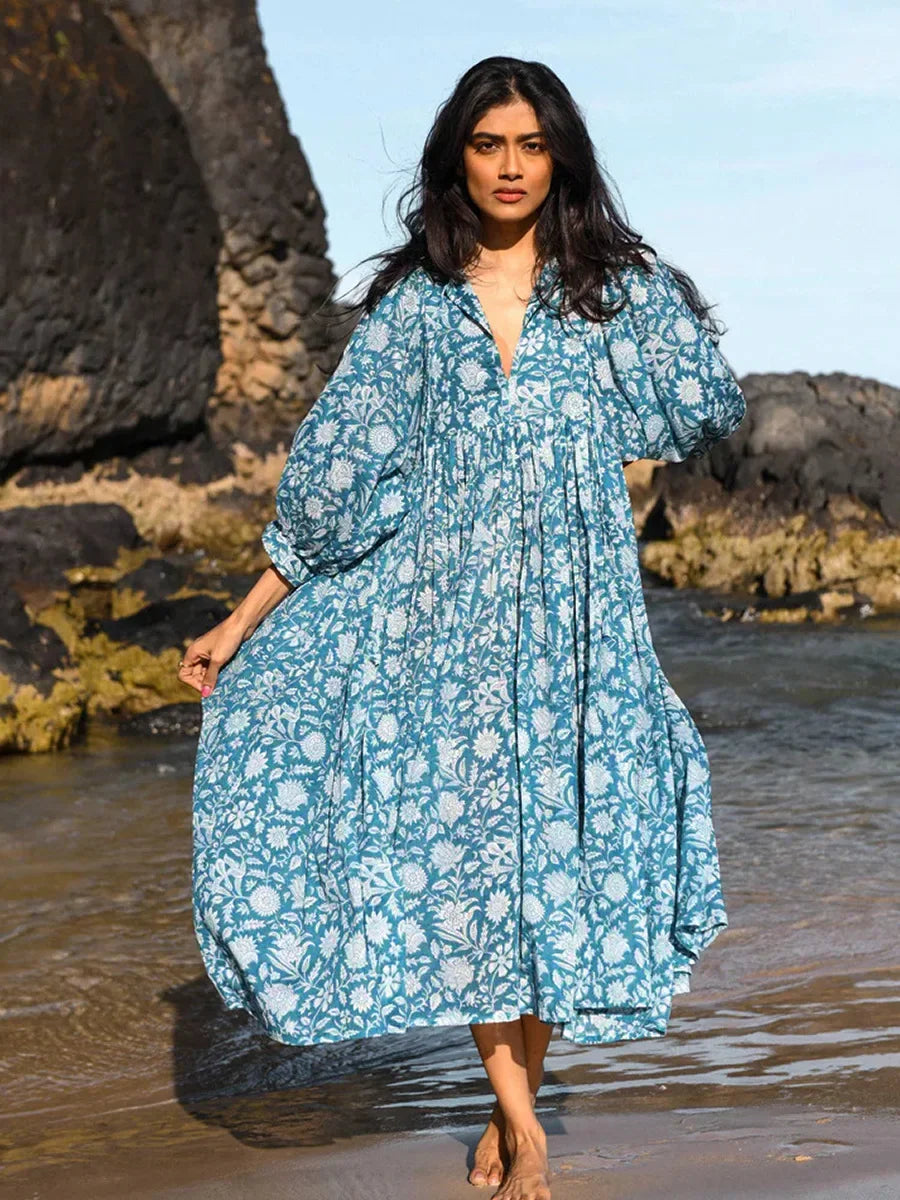 nvxiot Lantern Half Sleeve Cyan Bohemian Beach Midi Loose Dress Summer for Women Tie Up Casual Floral Holiday Midi Vestidos