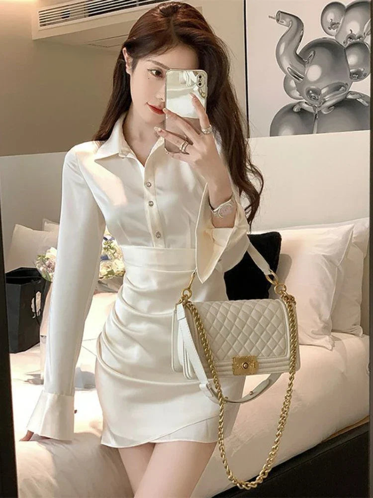 nvxiot-Winter Elegant Satin Dress Women France Button Designer Party Mini Dress Female Korean High Waist Solid Casual Slim Dress 2024