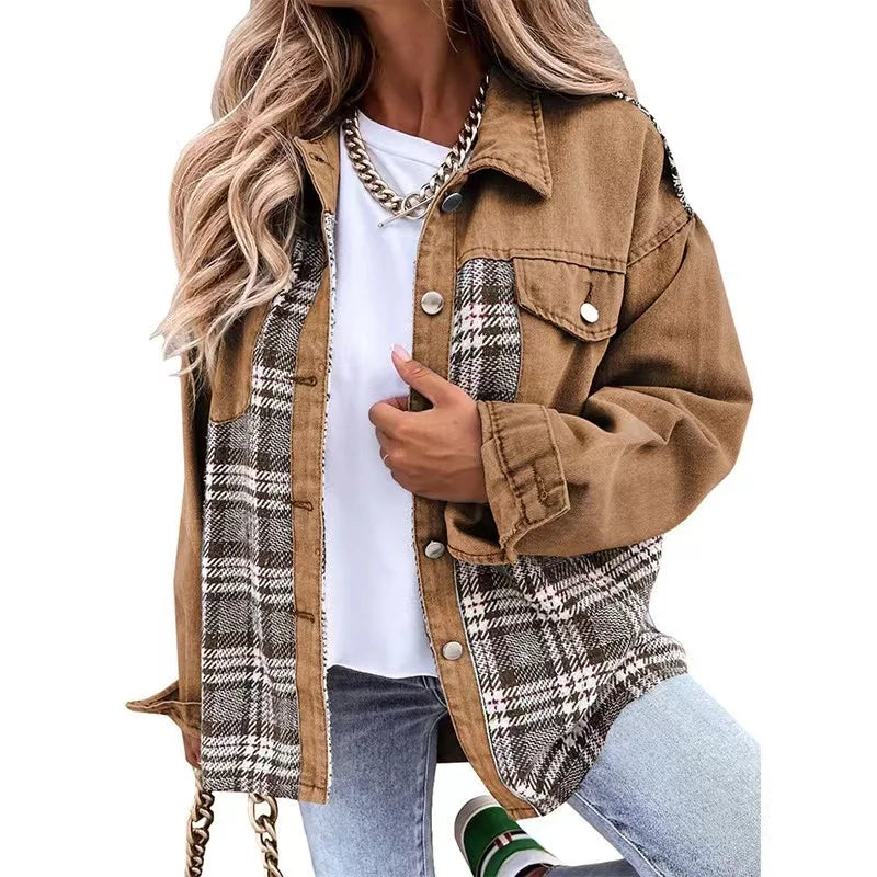 MQTIME  -   2024 New Autumn Women Button Coat Spring Irregular Tops Outwear Mujer Vintage Fashion Plaid Print Patchwork Denim Jacket Elegant