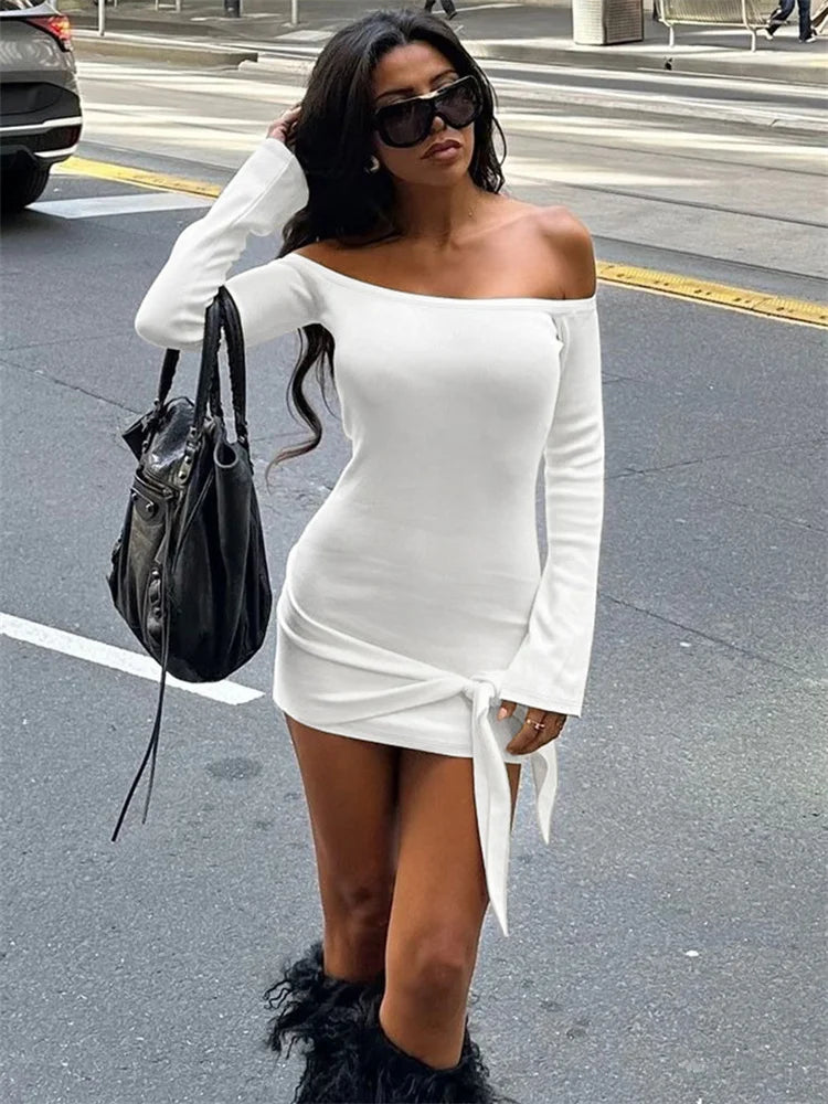 nvxiot  -  Fashion Bandage Off-Shoulder MIni Dress For Women Patchwork Lace-Up Backless Elegant Clothes Ladies 2024 Bodycon Dress