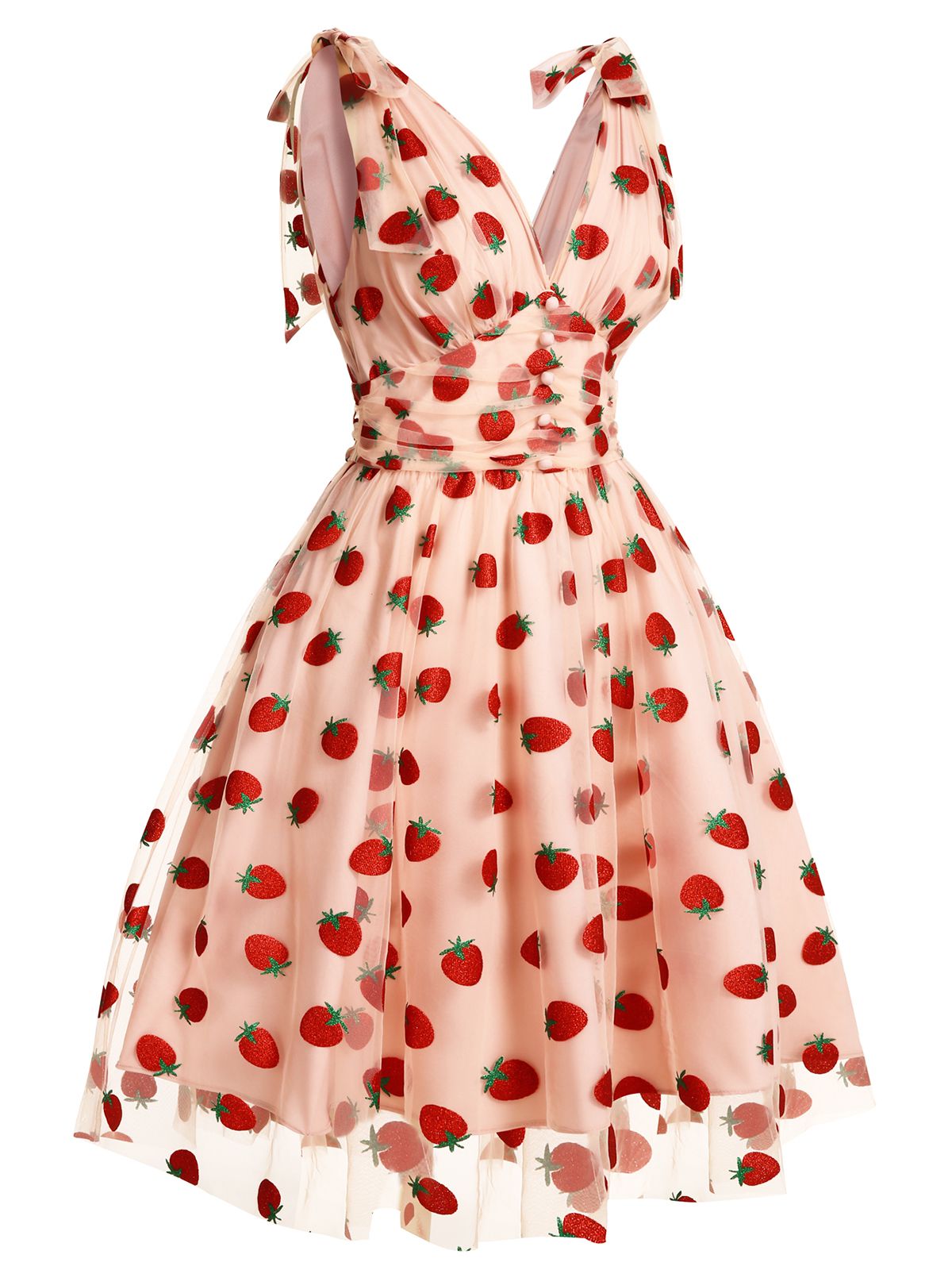 nvxiot Pink 1950s Strawberry Mesh Swing Dress