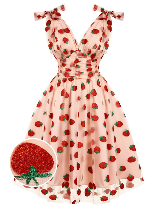 nvxiot Pink 1950s Strawberry Mesh Swing Dress