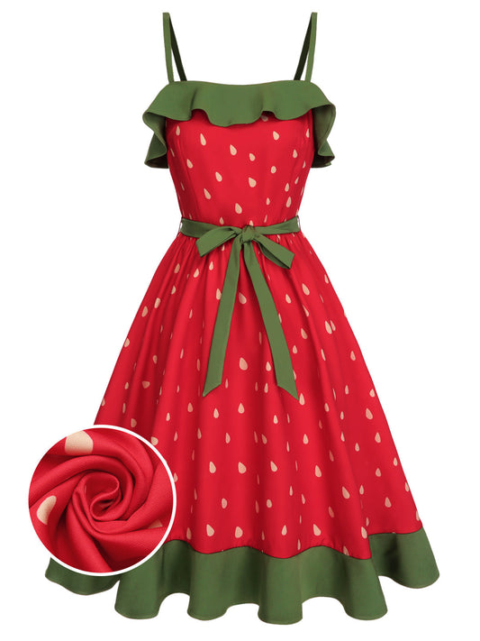 nvxiot Red 1950s Strawberry Ruffle Belt Dress