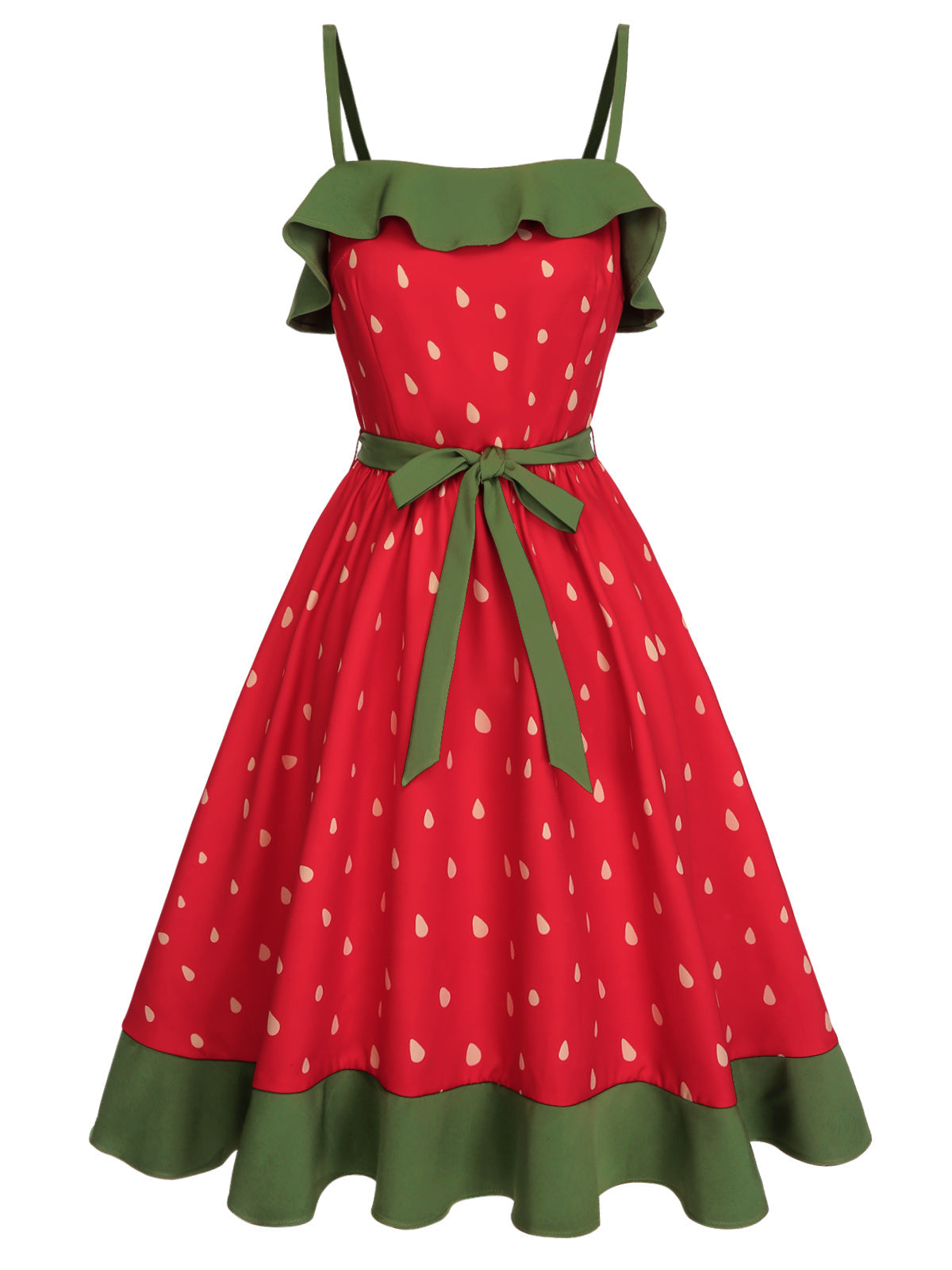 nvxiot Red 1950s Strawberry Ruffle Belt Dress