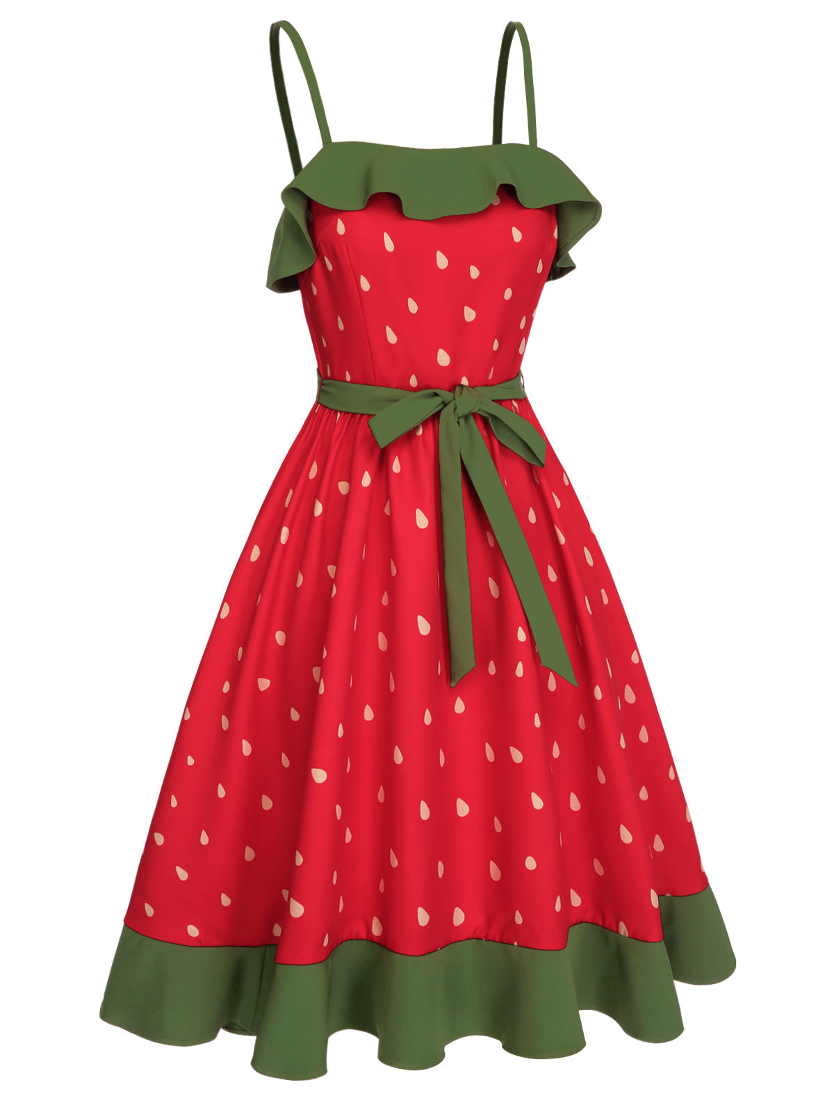 nvxiot Red 1950s Strawberry Ruffle Belt Dress