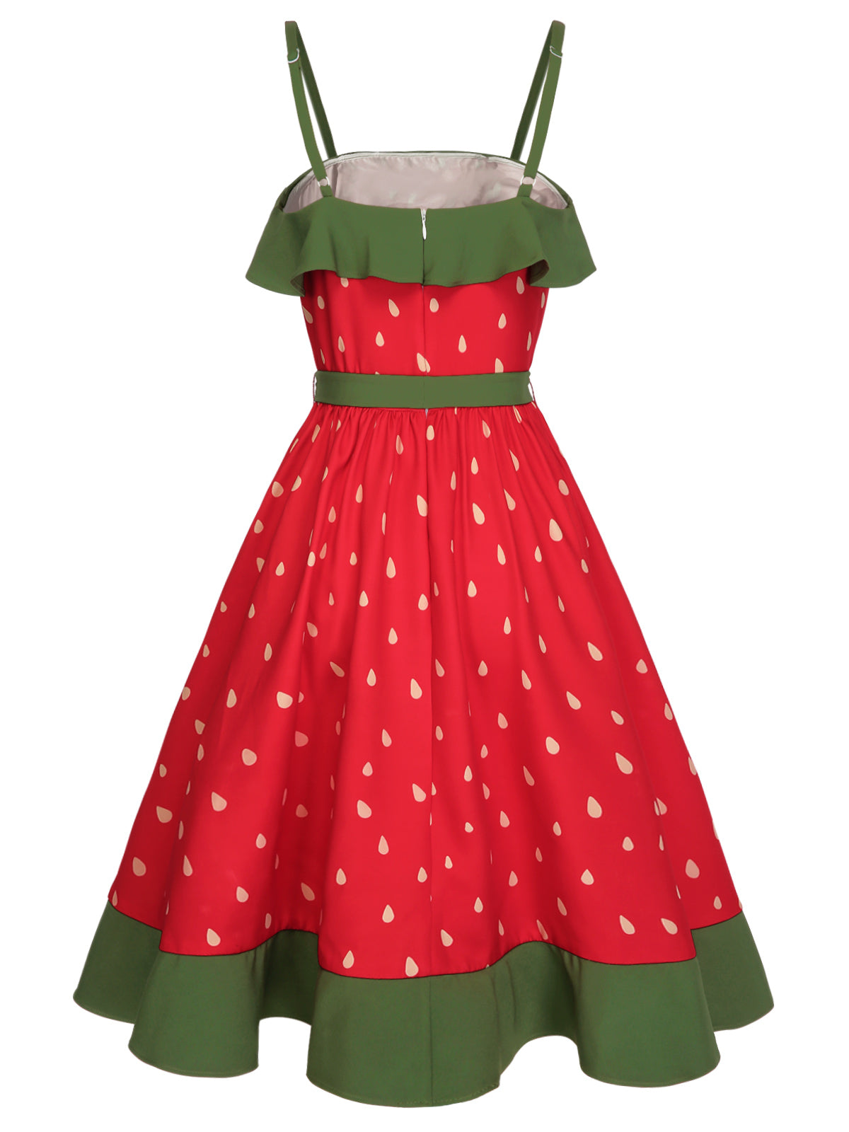 nvxiot Red 1950s Strawberry Ruffle Belt Dress