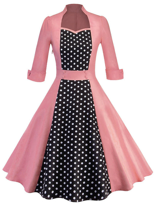 nvxiot 1950s Polka Dot Patchwork Dress