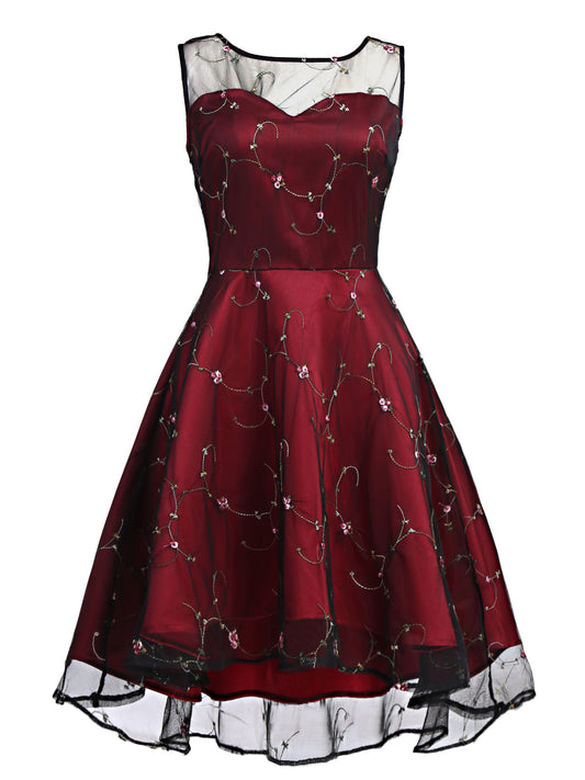 nvxiot Wine Red 1950s Mesh Hi-Lo Back Lace Up Dress