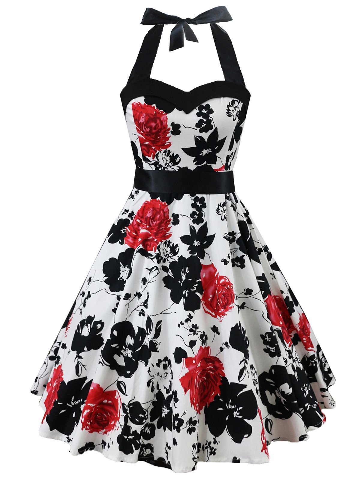 nvxiot White 1950s Floral Halter Swing Dress