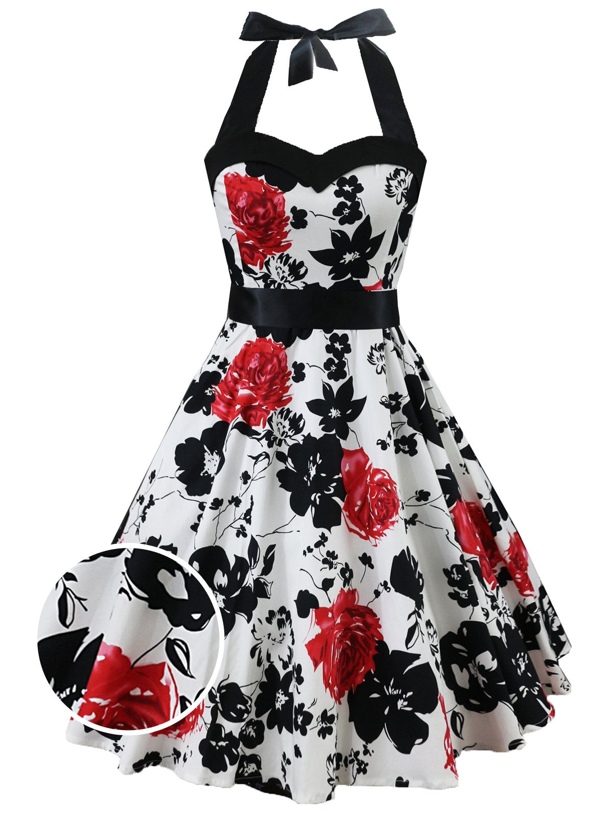 nvxiot White 1950s Floral Halter Swing Dress