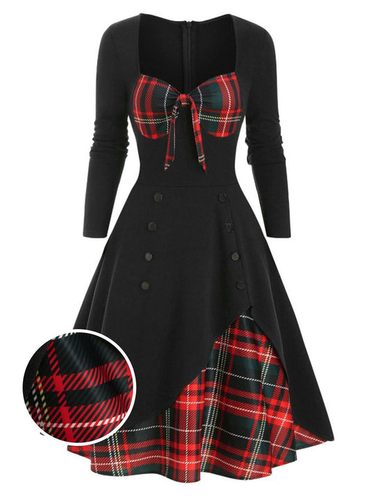 nvxiot 1950s Sweetheart Plaid Patchwork Dress