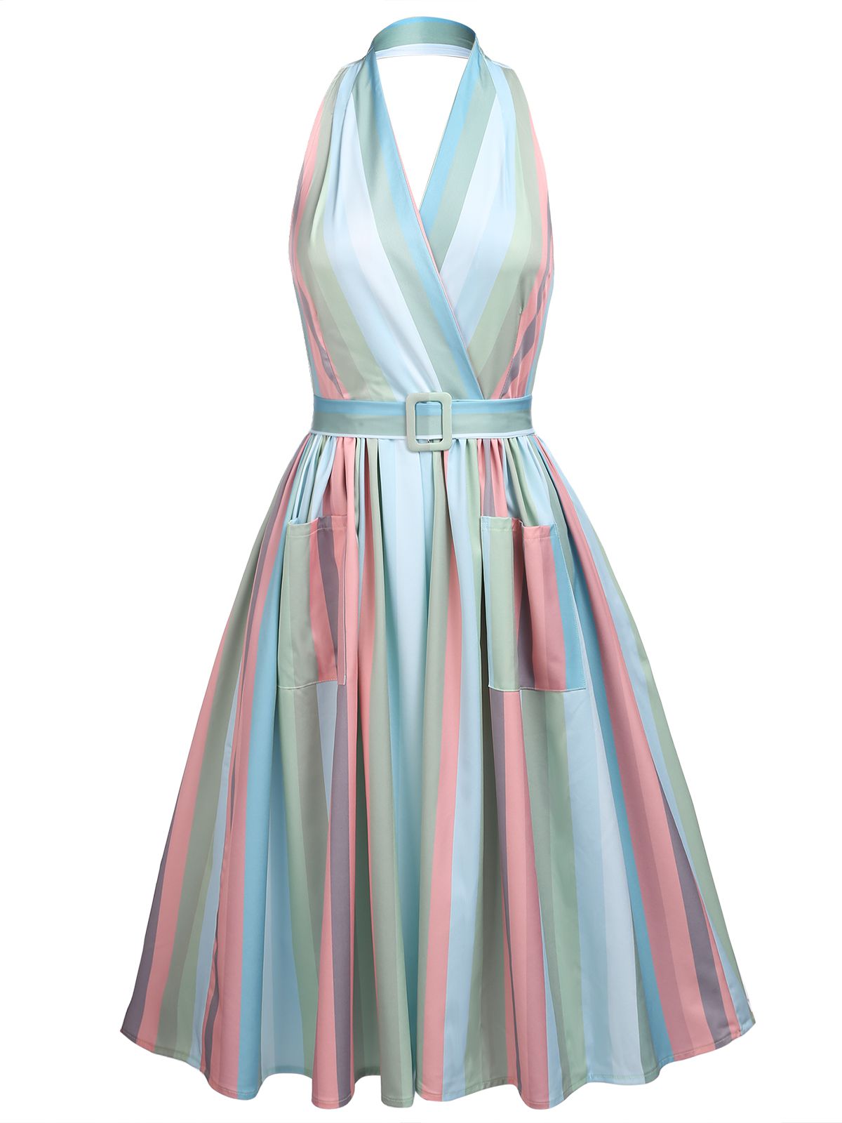 nvxiot Rainbow 1950s Stripe Pocket Swing Dress