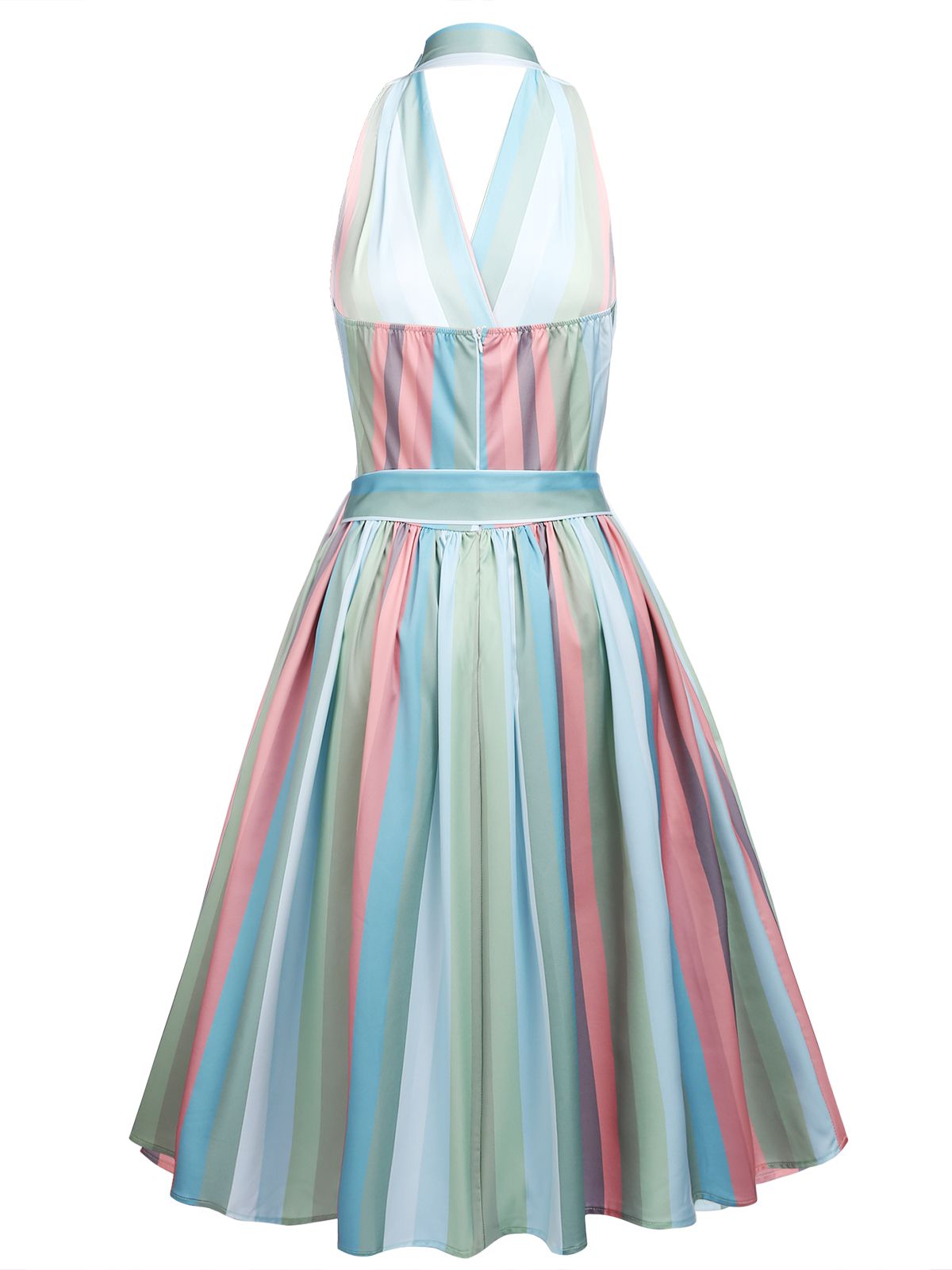 nvxiot Rainbow 1950s Stripe Pocket Swing Dress