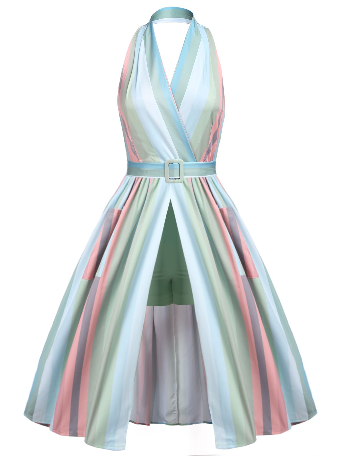 nvxiot Rainbow 1950s Stripe Pocket Swing Dress