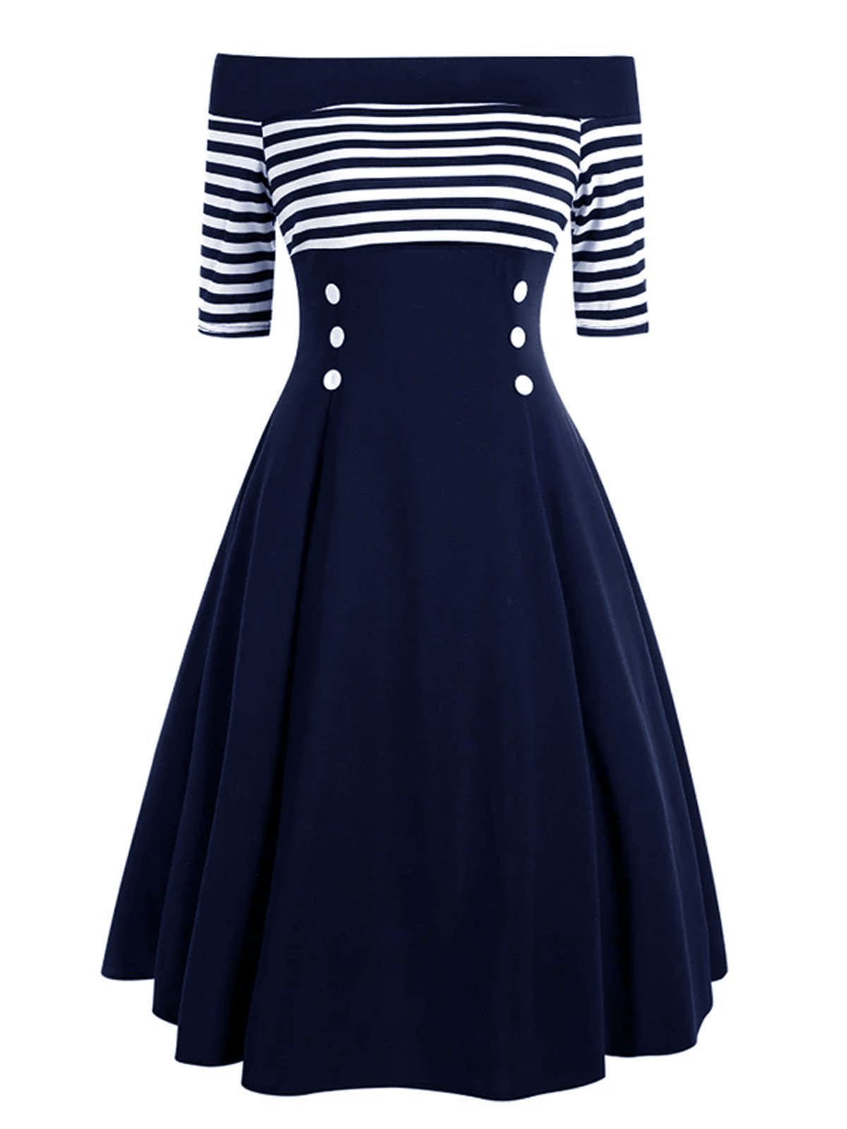 nvxiot Navy 1950s Off Shoulder Swing Dress