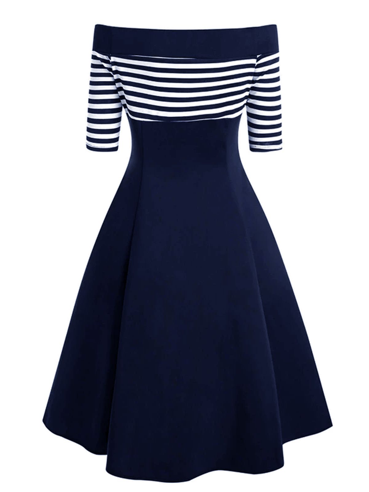 nvxiot Navy 1950s Off Shoulder Swing Dress