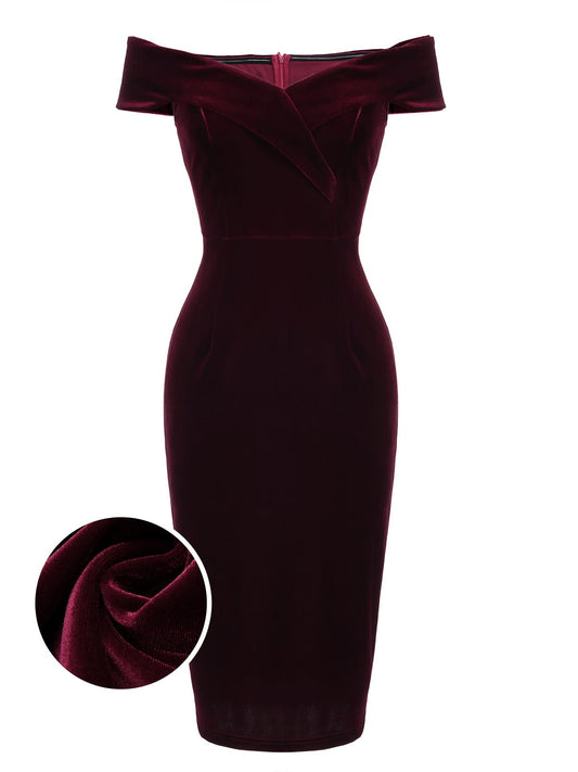 nvxiot Wine Red 1960s Velvet Bodycon Vintage Dress