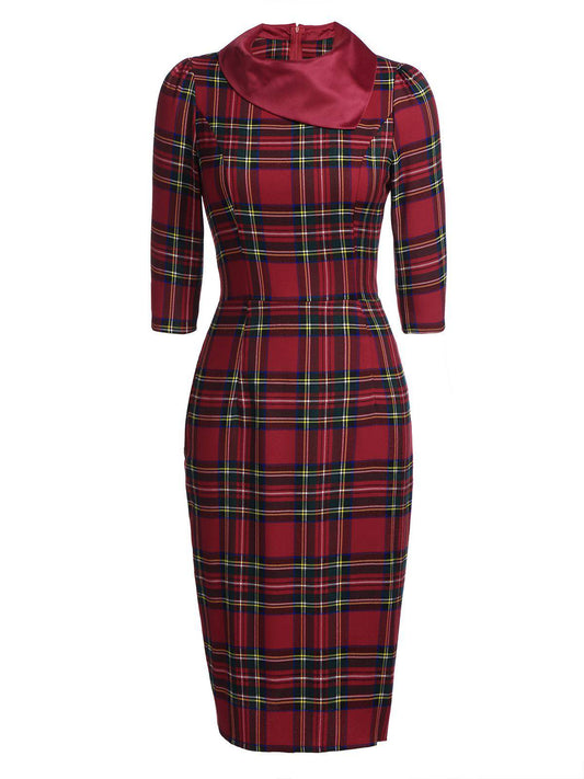 nvxiot Red 1960s Plaids Bodycon Dress